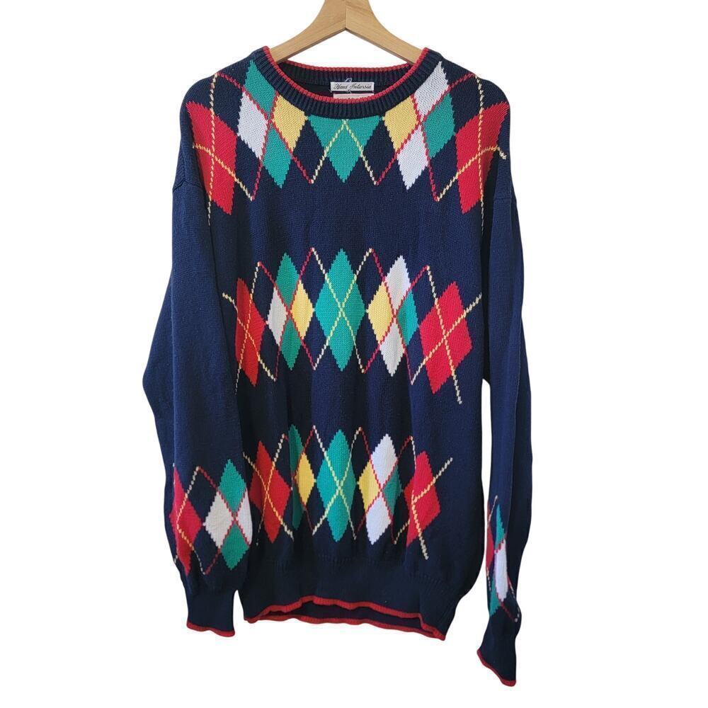 Vintage Vtg 80s/90s La Mode Argyle Pattern Preppy pullover Mens Sweater L
